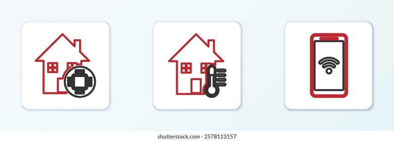 Set line Mobile with heart rate, Smart home and House temperature icon. Vector