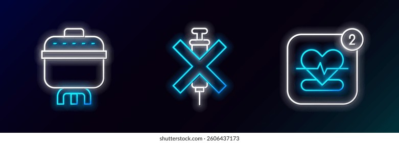 Set line Mobile with heart rate, Cooking pot and No doping syringe icon. Glowing neon. Vector