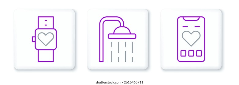 Set line Mobile with heart rate, Smart watch and Shower head icon. Vector