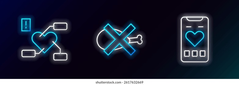 Set line Mobile with heart rate, Attention to health and No meat icon. Glowing neon. Vector