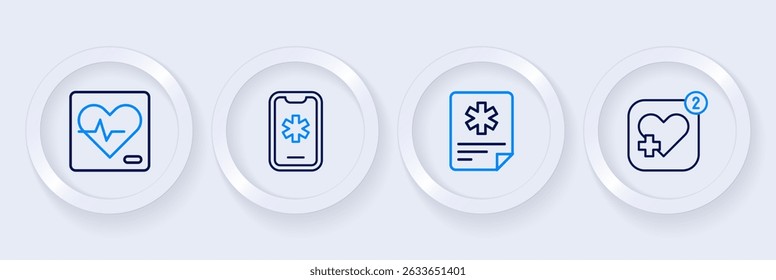 Set line Mobile with heart rate, Patient record, Emergency call 911 and Heart icon. Vector