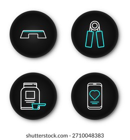 Set line Mobile with heart rate, Sports nutrition, expander and Step platform icon. Vector