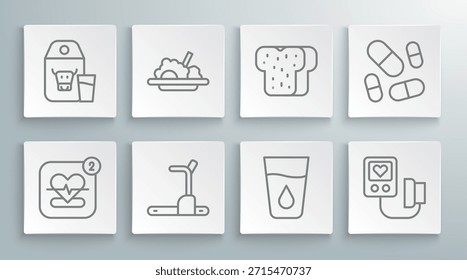 Set línea móvil con ritmo cardíaco, comida saludable, máquina de cinta de correr, agua de vidrio, presión arterial, pan tostado, píldora de vitaminas y paquete de papel para el icono de leche. Vector