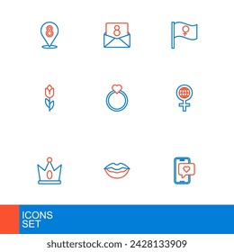 Set line Mobile with heart, Smiling lips, King crown, International Women Day, Flower tulip, Diamond engagement ring, Feminist activist and Envelope 8 March icon. Vector