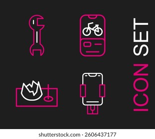 Set line Mobile holder, Bicycle on street ramp, rental mobile app and Wrench spanner icon. Vector