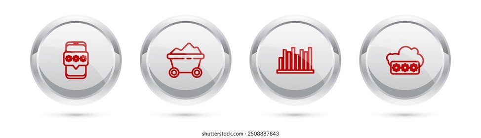 Set line Mobile and password, Coal mine trolley, Pie chart infographic and Password protection. Silver circle button. Vector
