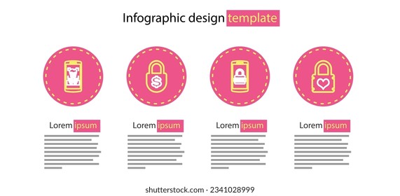 Set line Mobile and password, Padlock with heart, Money and face recognition icon. Vector