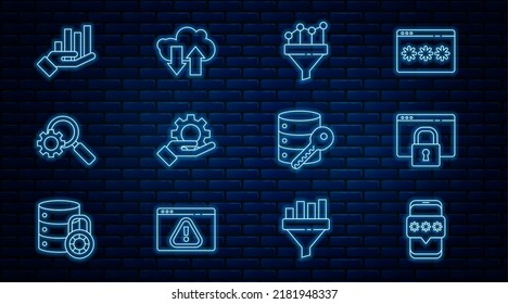 Set line Mobile and password, Secure your site with HTTPS, SSL, Sales funnel chart, Hand settings gear, Magnifying glass, Pie infographic, Server security key and Cloud download upload icon. Vector