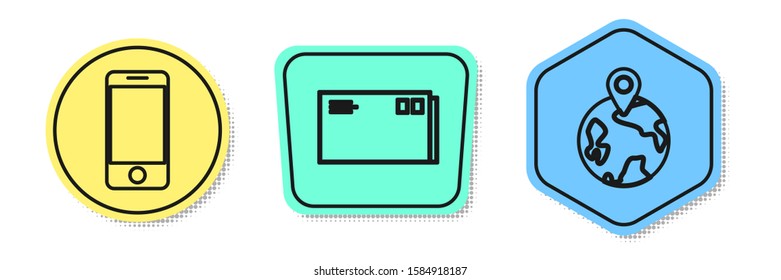 Set line Mobile phone with app delivery tracking, Envelope  and Worldwide . Colored shapes. Vector