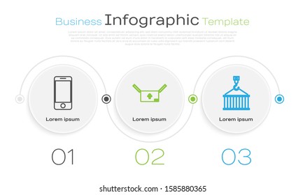 Set line Mobile phone with app delivery tracking, Cardboard box with traffic symbol  and Container on crane. Business infographic template. Vector