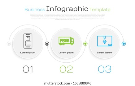 Set line Mobile phone with app delivery tracking , Free delivery service  and Cardboard box with traffic symbol . Business infographic template. Vector