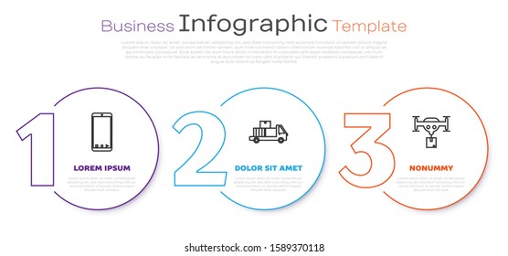Set line Mobile phone with app delivery tracking, Delivery truck with cardboard boxes and Delivery drone with the package . Business infographic template. Vector