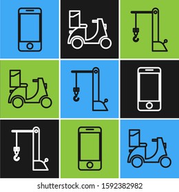 Set line Mobile phone with app delivery tracking, Harbor port crane and Scooter delivery  icon. Vector