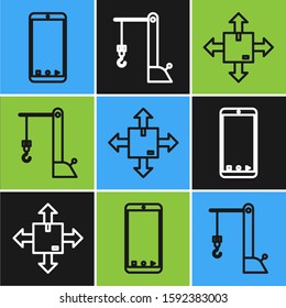 Set line Mobile phone with app delivery tracking, Cardboard box with traffic symbol and Harbor port crane icon. Vector