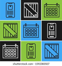 Set line Mobile phone with app delivery tracking , Calendar  and Wooden box  icon. Vector