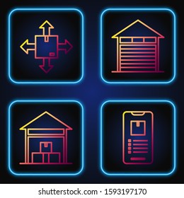Set line Mobile phone with app delivery tracking , Warehouse , Cardboard box with traffic symbol and Closed warehouse . Gradient color icons. Vector