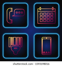 Set line Mobile phone with app delivery tracking, Scanner scanning bar code , Telephone with speech bubble chat  and Calendar . Gradient color icons. Vector