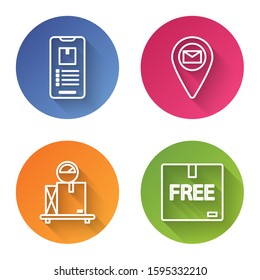 Set line Mobile phone with app delivery tracking , Placeholder on map paper, Scale with cardboard box  and Cardboard box with free symbol . Color circle button. Vector