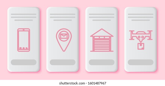 Set line Mobile phone with app delivery tracking, Placeholder on map paper, Closed warehouse  and Delivery drone with the package . White rectangle button. Vector