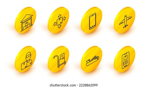 Set line Mobile phone with app delivery tracking, Cargo ship boxes service, Hand truck and, Delivery man cardboard, Plane, Cardboard traffic symbol and Warehouse icon. Vector