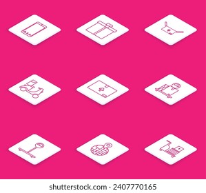 Set line Mobile phone with app delivery tracking, Gift box, Cardboard traffic symbol, Scooter, Scale cardboard,  and  icon. Vector