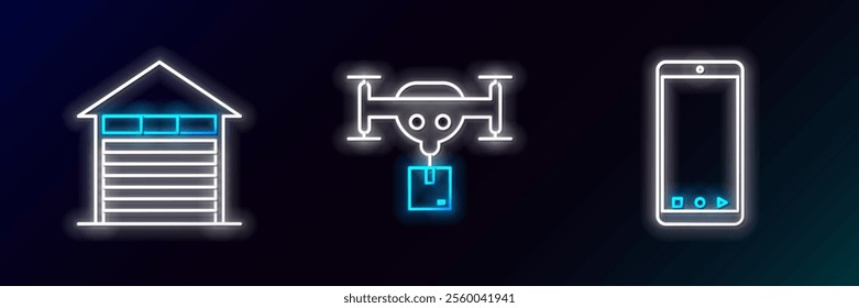Set line Mobile phone with app delivery tracking, Closed warehouse and Delivery drone the package icon. Glowing neon. Vector