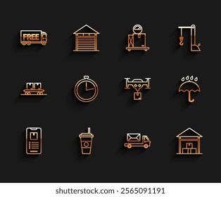 Set line Mobile phone with app delivery tracking, Coffee cup, Free service, Post truck, Warehouse, Stopwatch, Umbrella and rain drops and Delivery drone the package icon. Vector