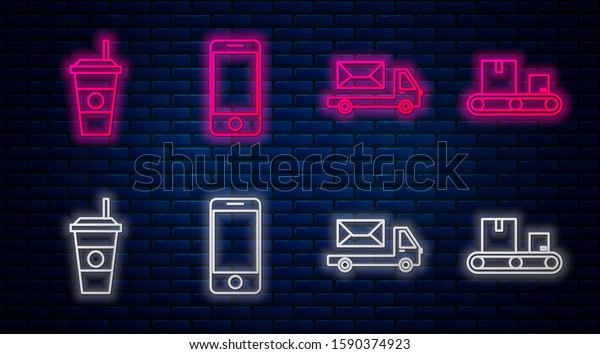 Set line Mobile phone with app
delivery tracking, Post truck , Coffee cup  and Conveyor belt with
cardboard box . Glowing neon icon on brick wall.
Vector