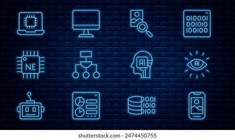 Teléfono móvil, inteligencia artificial AI, retoque fotográfico, Algoritmo, procesador CPU, robot humanoide y monitor de ordenador icono. Vector