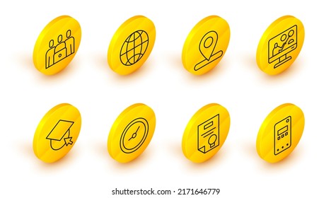 Set line Mobile phone, Certificate template, Clock, Graduation cap globe, Online education, Location, Social network and class icon. Vector