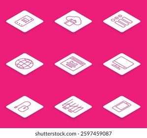 Set line Mobile phone, Cloud or online library, Task list, Social network, Browser window, Computer monitor screen, mouse and Pie chart infographic icon. Vector