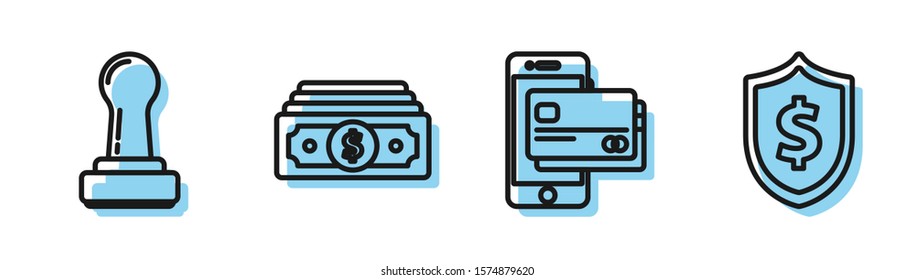 Set line Mobile phone and credit card, Stamp, Stacks paper money cash and Shield with dollar symbol icon. Vector