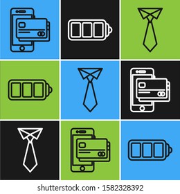Set line Mobile phone and credit card, Tie and Battery charge level indicator icon. Vector