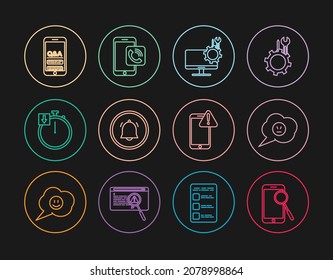 Set line Mobile phone diagnostics, Speech bubble with angry smile, Computer monitor service, Button chat notification, Stopwatch, Question and Exclamation, exclamation mark and call icon. Vector