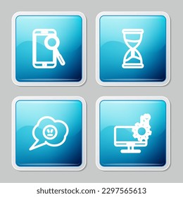 Set line Mobile phone diagnostics, Hourglass, Speech bubble with angry smile and Computer monitor service icon. Vector