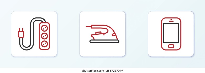 Set line Mobile phone, Electric extension and iron icon. Vector