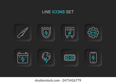 Set line Mobile phone, Electrical outlet, Global planet with thunderbolt, Car battery, meter, Lightning and shield and Soldering iron icon. Vector