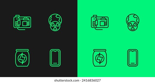 Set line Mobile phone, Energy drink, Motherboard and Planet earth and radiation icon. Vector