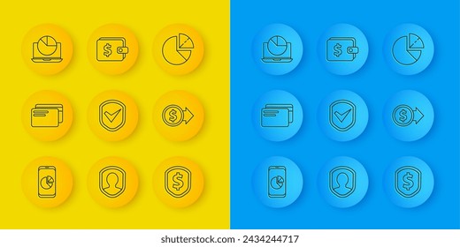Set line Mobile phone with graph chart, Credit card, Shield check mark, dollar, Coin money, Laptop, Pie infographic and Wallet icon. Vector