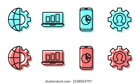 Establecer línea Teléfono móvil con gráfico, Globo de la Tierra y engranaje, Laptop con gráfico y humano con engranaje dentro del icono. Vector