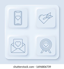 Set line Mobile phone with heart, Amour with heart and arrow, Envelope with heart and Heart in the center of darts target aim. White square button. Vector