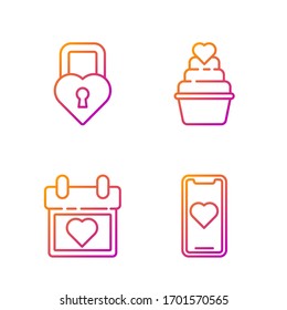 Set line Mobile phone with heart, Calendar with heart, Castle in the shape of a heart and Wedding cake with heart. Gradient color icons. Vector