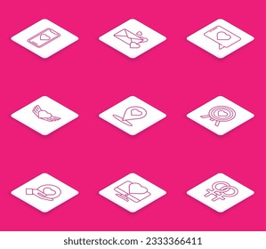 Set line Mobile phone with heart, Envelope, Like and, Heart wings, Map pointer, the center of darts target aim, hand and Computer monitor icon. Vector