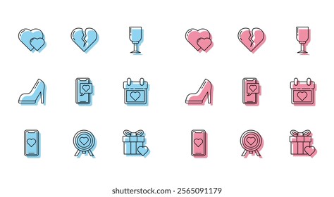 Set line Mobile phone with heart, Heart in the center of darts target aim, Gift box and, Smartphone speech bubble, Calendar, Woman shoe high heel and Broken or divorce icon. Vector