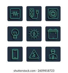 Set line Mobile phone, High voltage, Electrician, Power button, Solar energy panel, Creative lamp light idea, Resistor in electronic circuit and Car battery icon. Vector