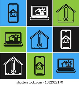 Set line Mobile phone with house under protection, House temperature and Laptop with smart house and alarm icon. Vector