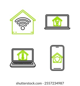 Set line Mobile phone with house under protection, Laptop temperature, smart and light bulb and Smart home wi-fi icon. Vector