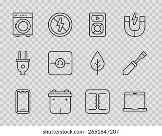 Set line Mobile phone, Laptop, Music player, Car battery, Washer, Ohmmeter, Electrical transformer and Screwdriver icon. Vector