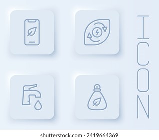 Set line Mobile phone with leaf, Water energy, tap and Garbage bag. White square button. Vector