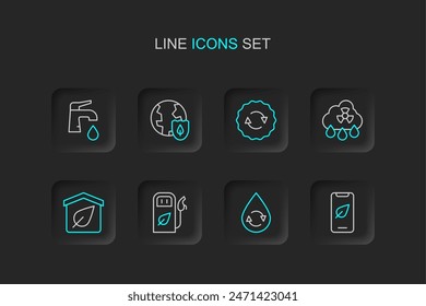 Set line Mobile phone with leaf, Recycle clean aqua, Petrol or gas station, Eco friendly house, Acid rain radioactive cloud, symbol, Earth shield and Water tap icon. Vector